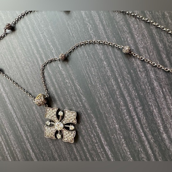 Crystal Embellished Cross Pendant Long Beaded Chain Antique Style - Picture 2 of 5